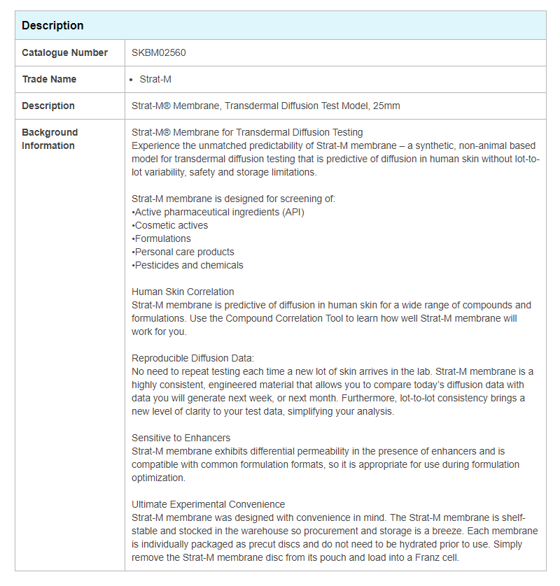 Strat-M透皮擴散膜模型SKBM02560 25mm皮膚膜 技術(shù)參數(shù)